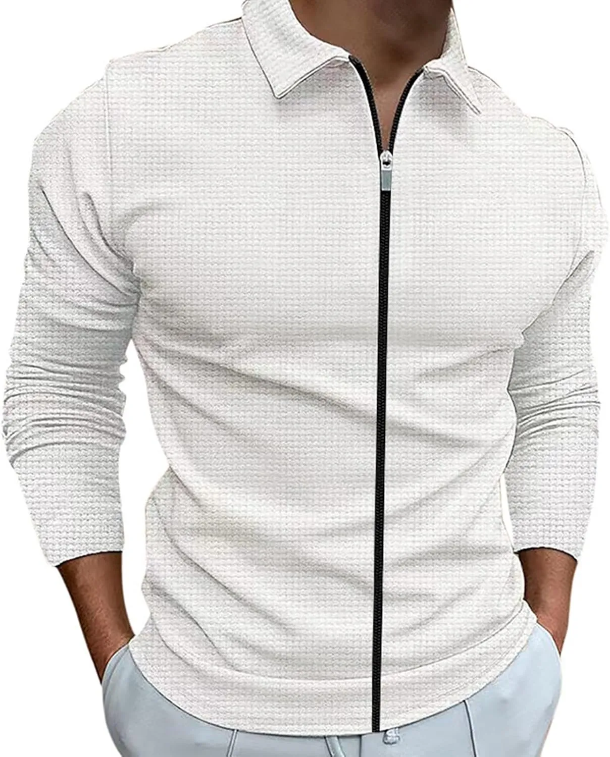 Male Casual Autumn Striped Fabric T Shirt Zipper Turn Down Long Sleeve Tops T Shirt Medium T Shirt Mens Shirts