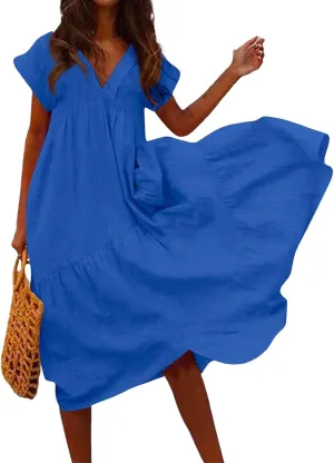 Maxi Cotton Linen Dresses for Women 2025 Summer V-Neck Short Sleeve Asymmetrical Dress Beach Elegant Long Flowy Dress