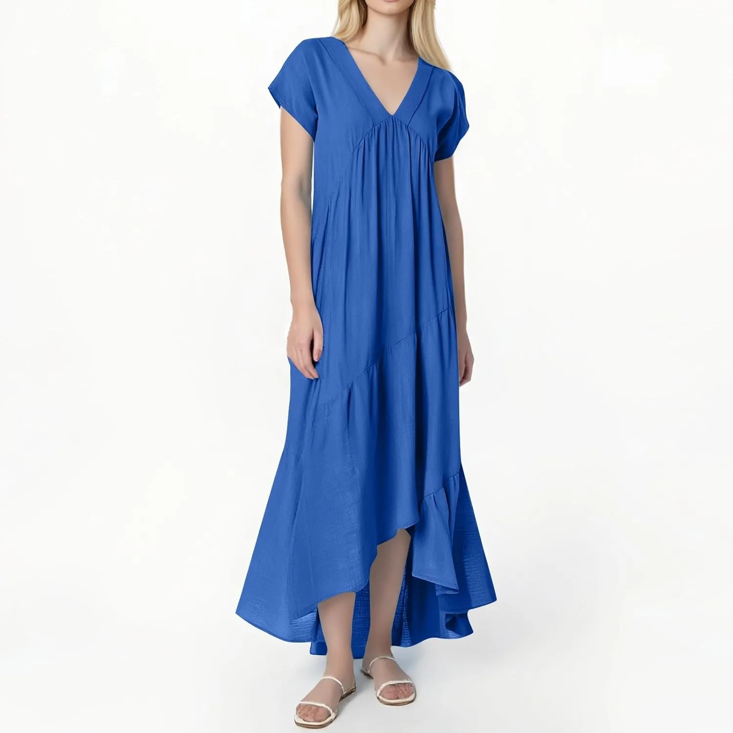 Maxi Cotton Linen Dresses for Women 2025 Summer V-Neck Short Sleeve Asymmetrical Dress Beach Elegant Long Flowy Dress