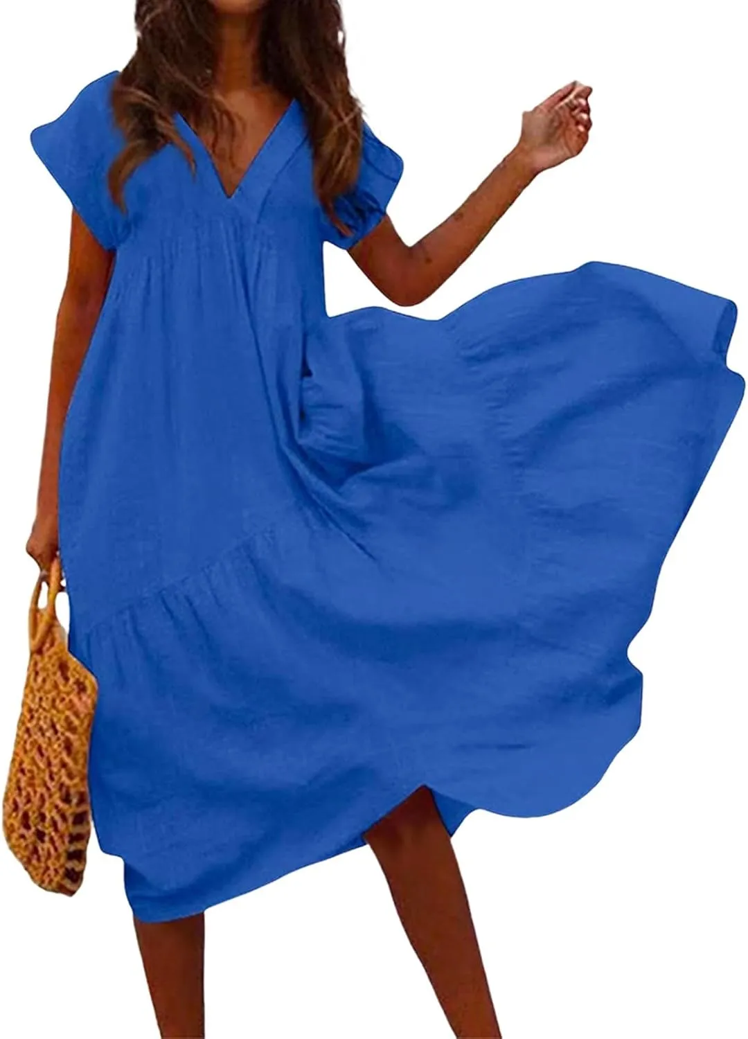 Maxi Cotton Linen Dresses for Women 2025 Summer V-Neck Short Sleeve Asymmetrical Dress Beach Elegant Long Flowy Dress