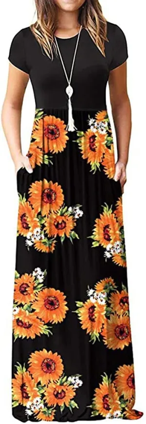 Maxi Dress for Women Plus Size Short Sleeve Loose Plain Casual Long Maxi Dresses Floral Empire Waist Dress with Pockets
