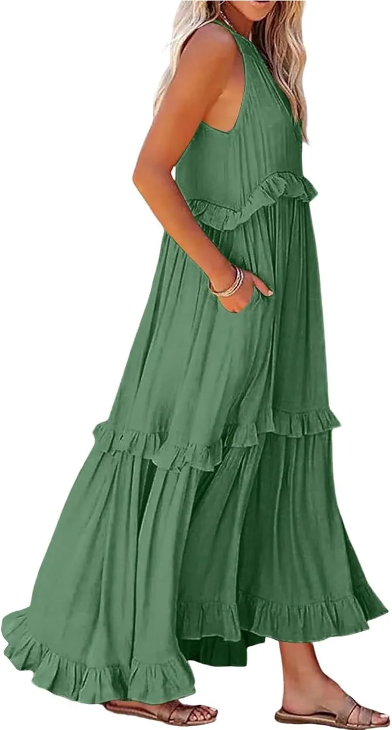 Maxi Dresses for Women 2025 Sleeveless Sexy Tiered Flowy Long Dress Summer Loose Smocked Ruffle Swing Beach Dresses