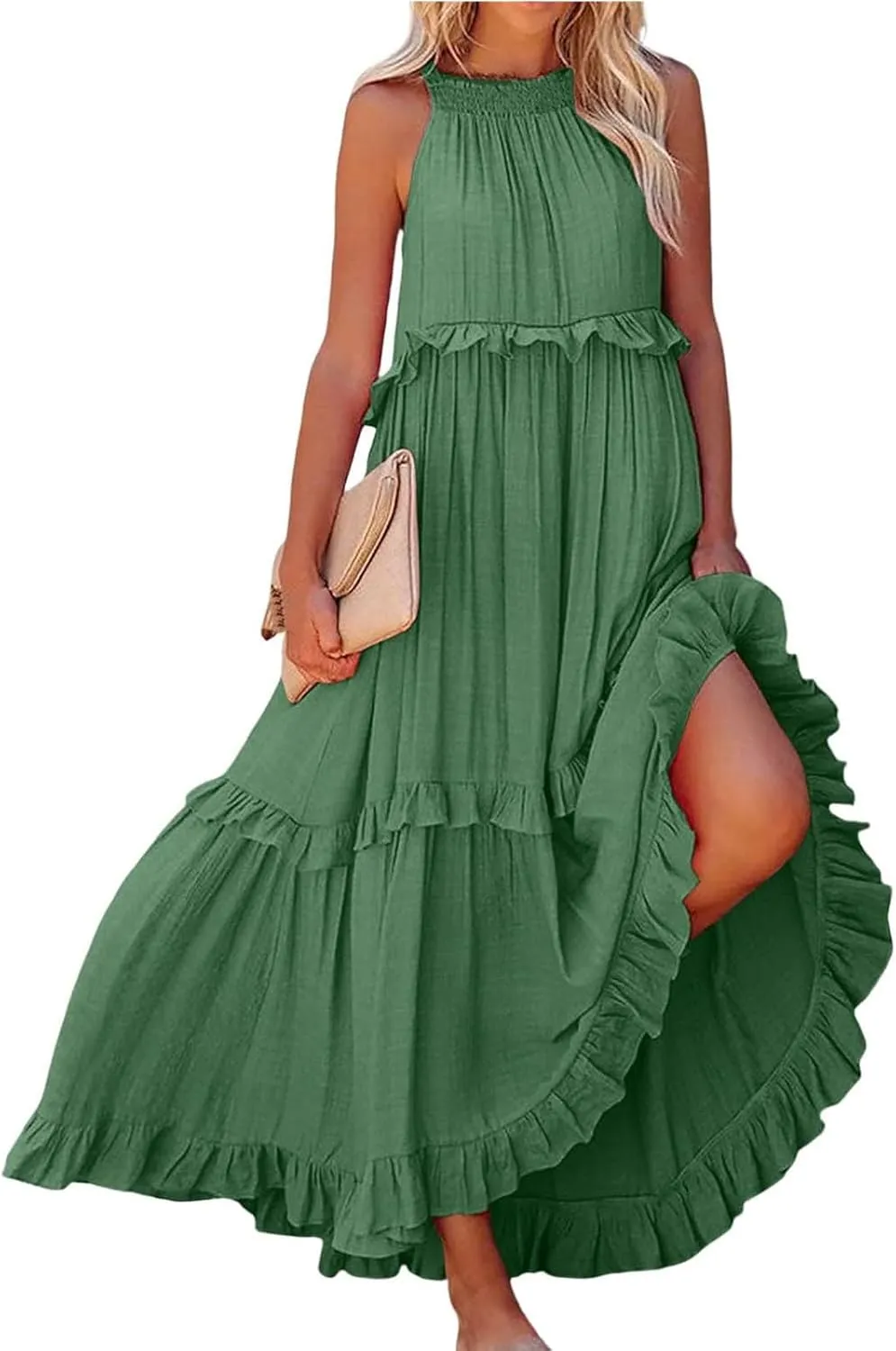 Maxi Dresses for Women 2025 Sleeveless Sexy Tiered Flowy Long Dress Summer Loose Smocked Ruffle Swing Beach Dresses