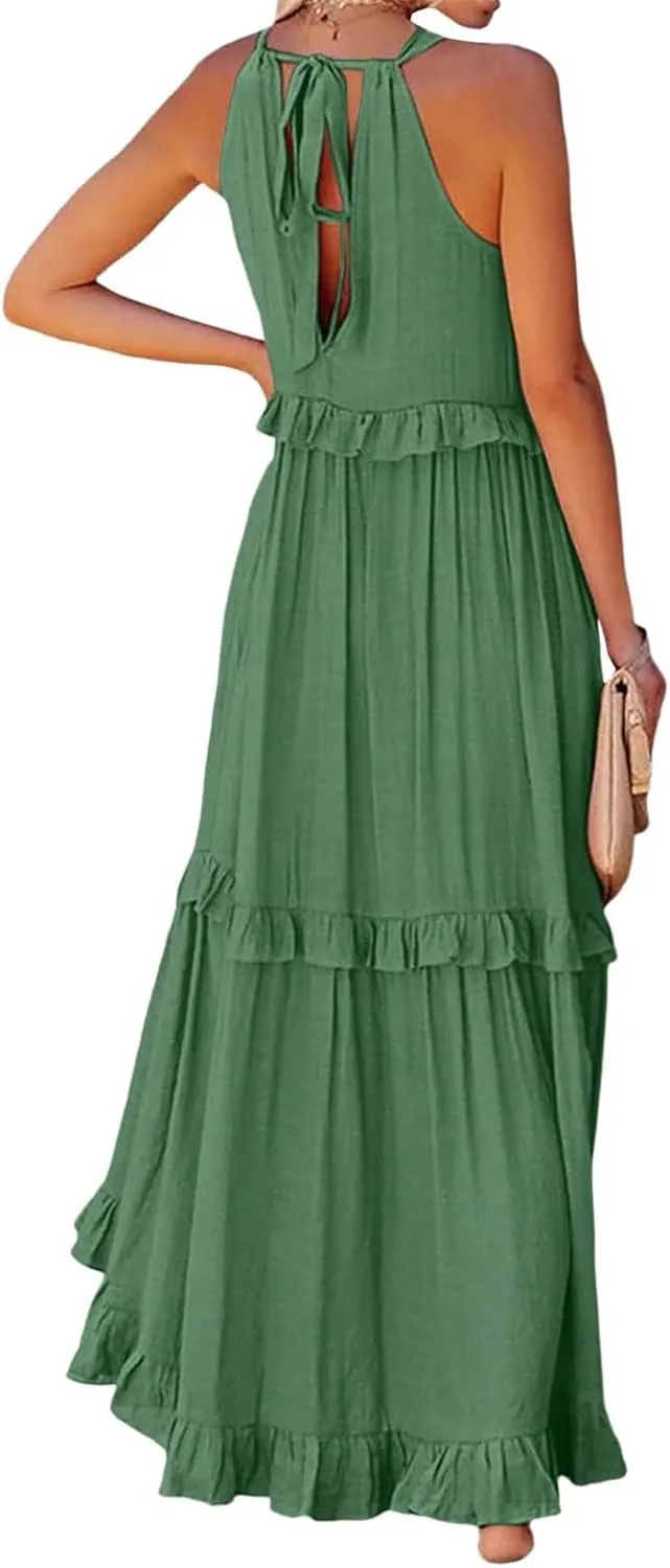 Maxi Dresses for Women 2025 Sleeveless Sexy Tiered Flowy Long Dress Summer Loose Smocked Ruffle Swing Beach Dresses