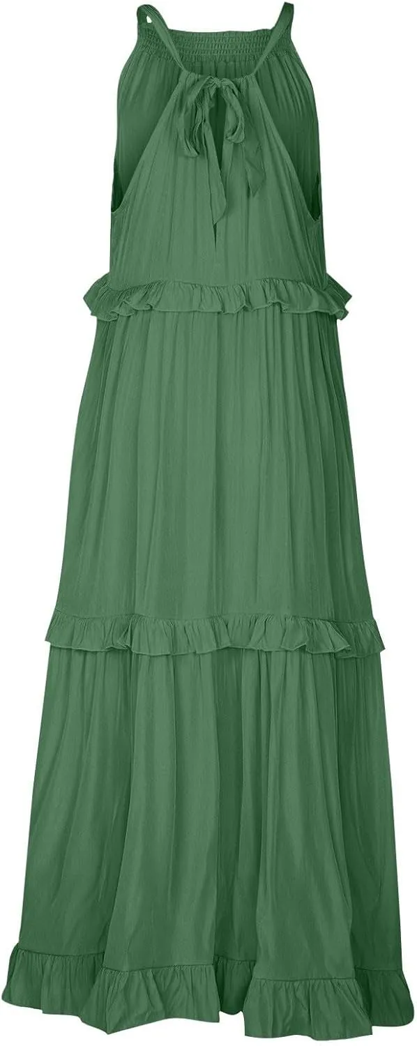 Maxi Dresses for Women 2025 Sleeveless Sexy Tiered Flowy Long Dress Summer Loose Smocked Ruffle Swing Beach Dresses
