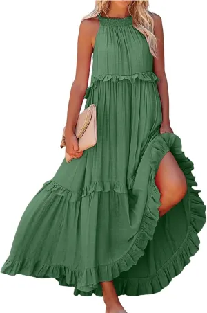 Maxi Dresses for Women 2025 Sleeveless Sexy Tiered Flowy Long Dress Summer Loose Smocked Ruffle Swing Beach Dresses