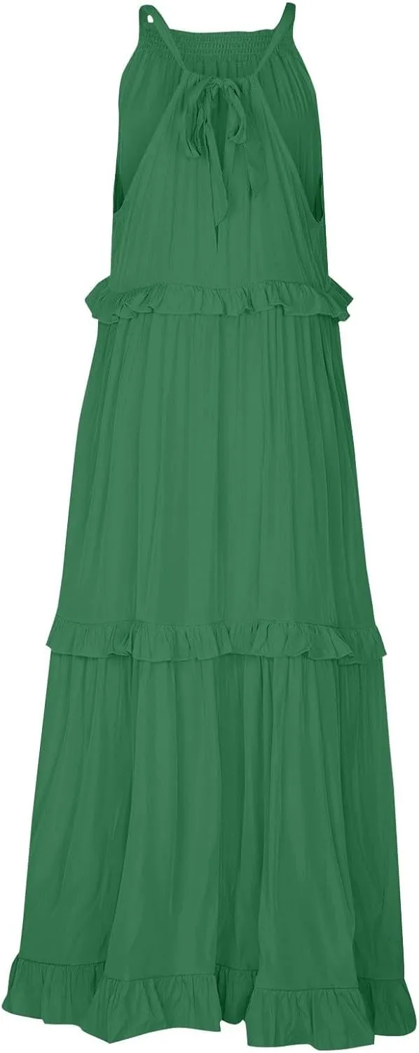 Maxi Dresses for Women 2025 Sleeveless Sexy Tiered Flowy Long Dress Summer Loose Smocked Ruffle Swing Beach Dresses