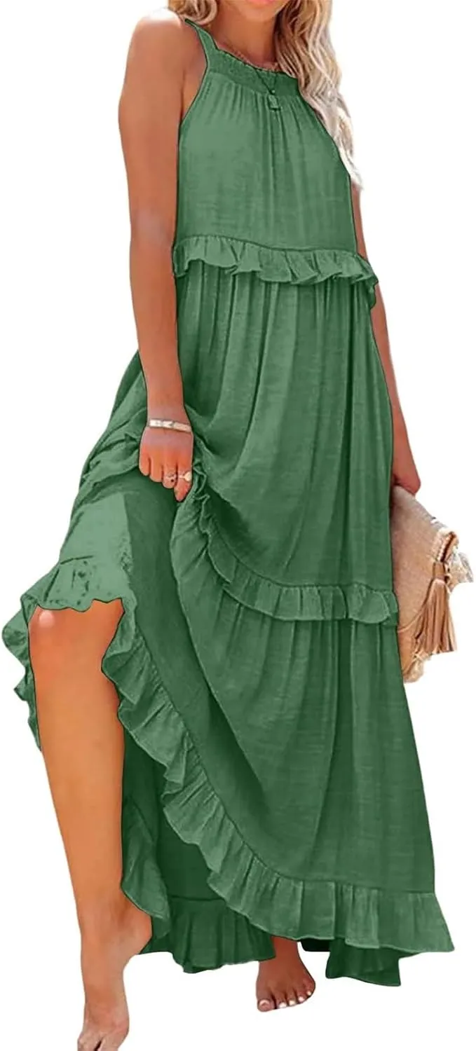 Maxi Dresses for Women 2025 Sleeveless Sexy Tiered Flowy Long Dress Summer Loose Smocked Ruffle Swing Beach Dresses