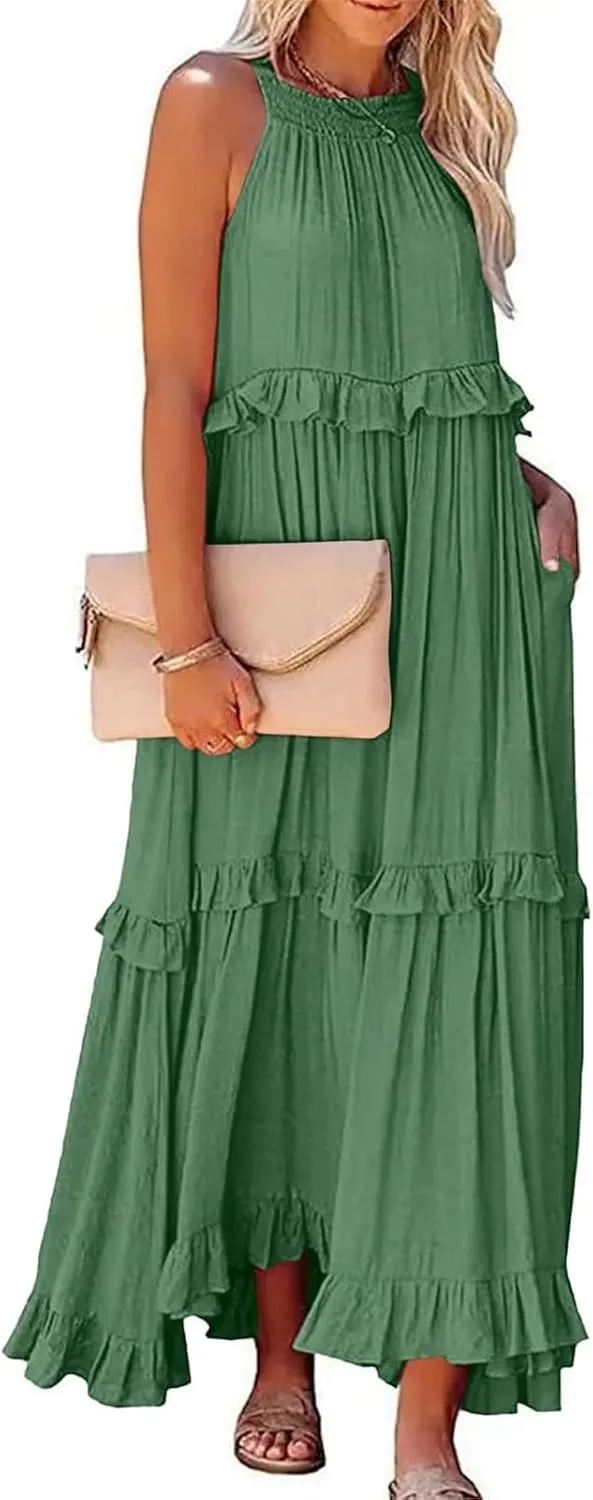 Maxi Dresses for Women 2025 Sleeveless Sexy Tiered Flowy Long Dress Summer Loose Smocked Ruffle Swing Beach Dresses