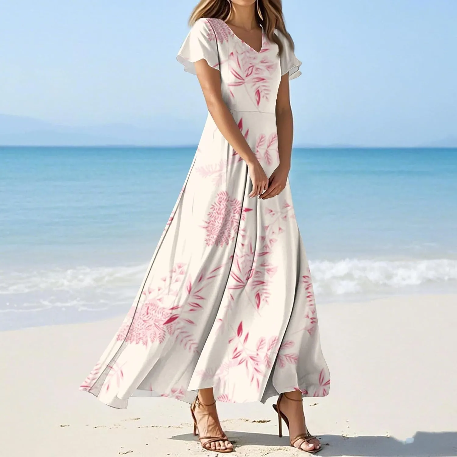 Maxi Dresses for Women 2025 Summer Ruffle Short Sleeve Floral Dress Flowy V Neck Chiffon Maxi Dress Printed Dresses