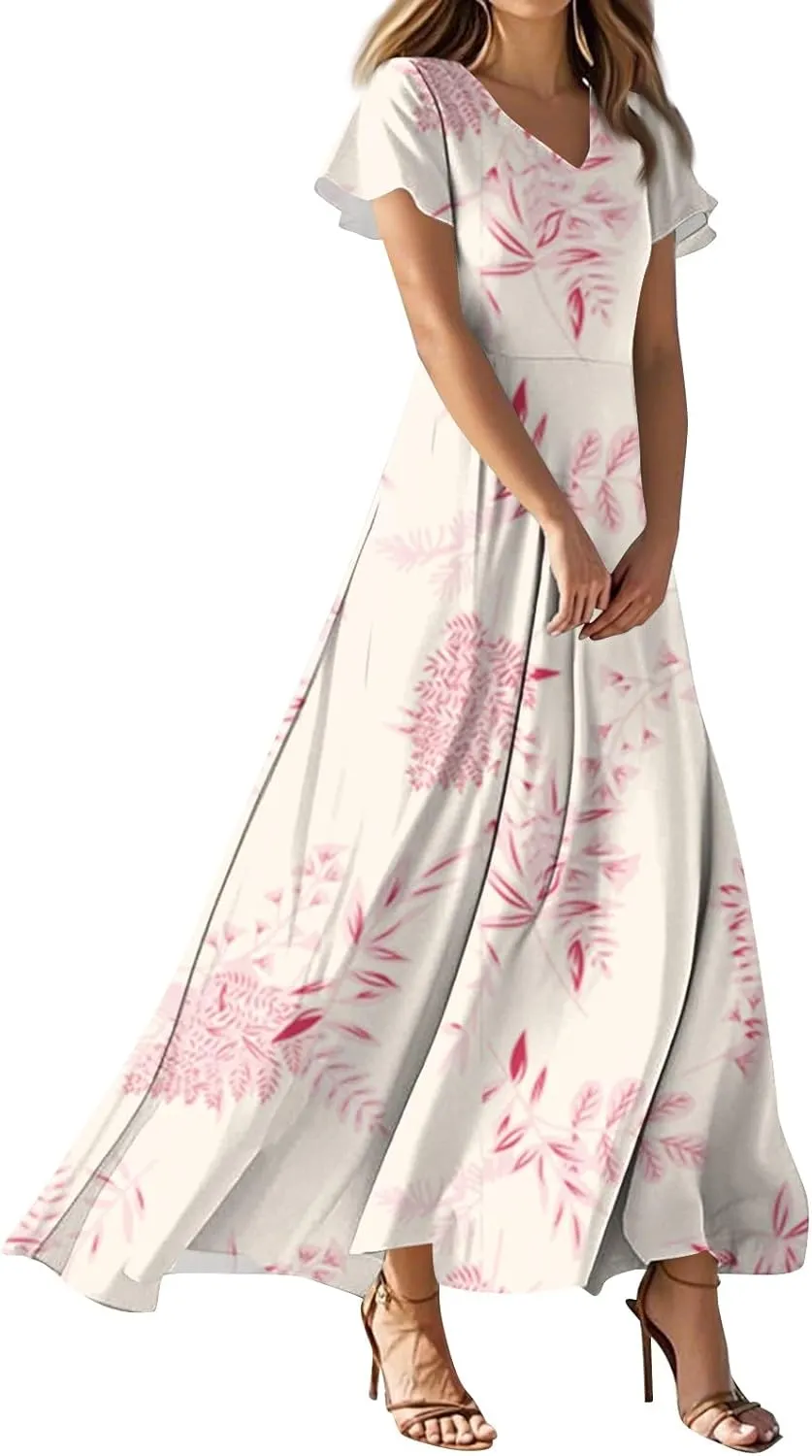 Maxi Dresses for Women 2025 Summer Ruffle Short Sleeve Floral Dress Flowy V Neck Chiffon Maxi Dress Printed Dresses