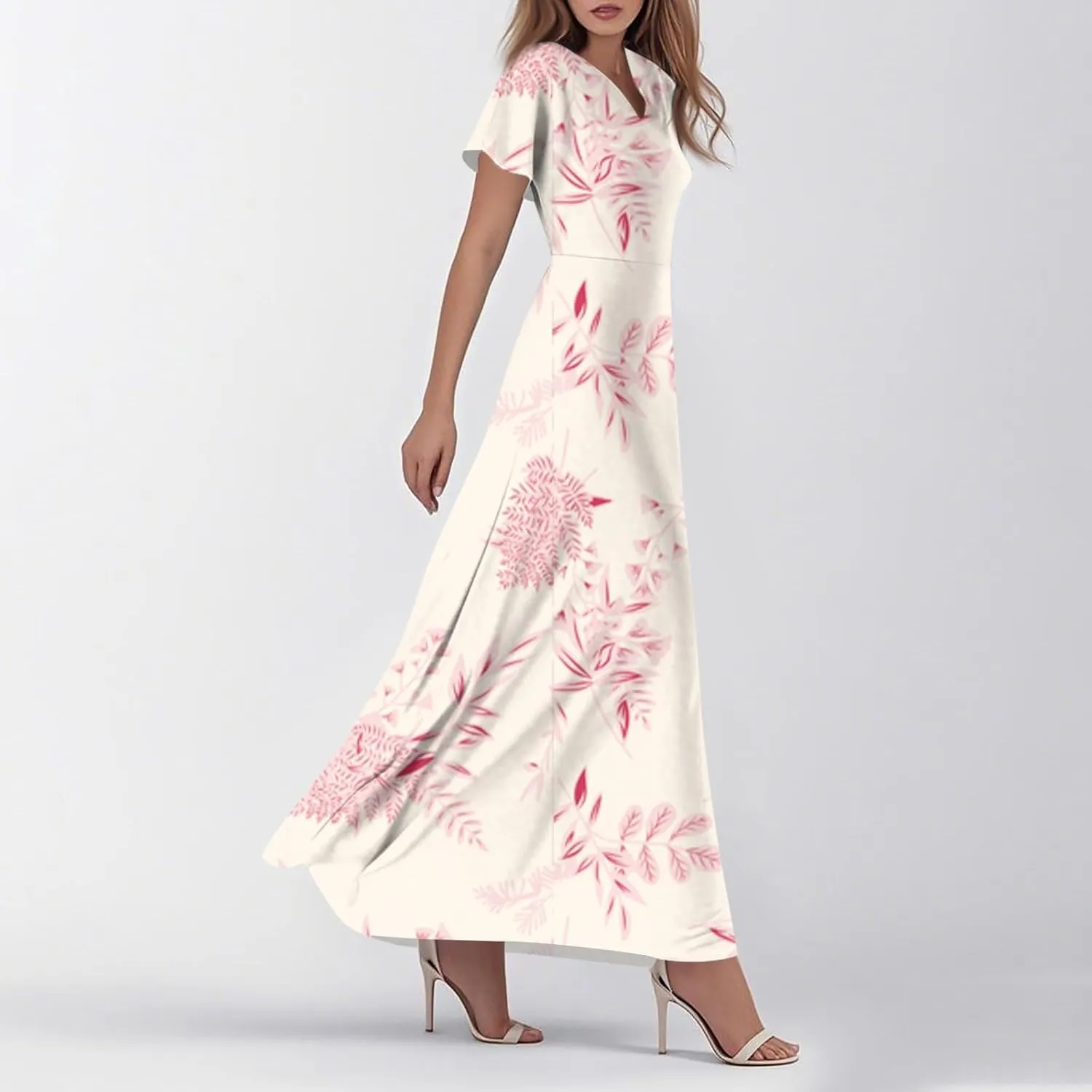 Maxi Dresses for Women 2025 Summer Ruffle Short Sleeve Floral Dress Flowy V Neck Chiffon Maxi Dress Printed Dresses