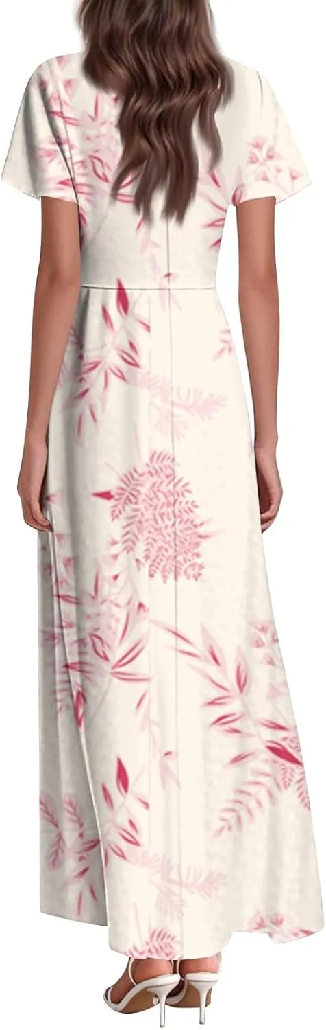 Maxi Dresses for Women 2025 Summer Ruffle Short Sleeve Floral Dress Flowy V Neck Chiffon Maxi Dress Printed Dresses