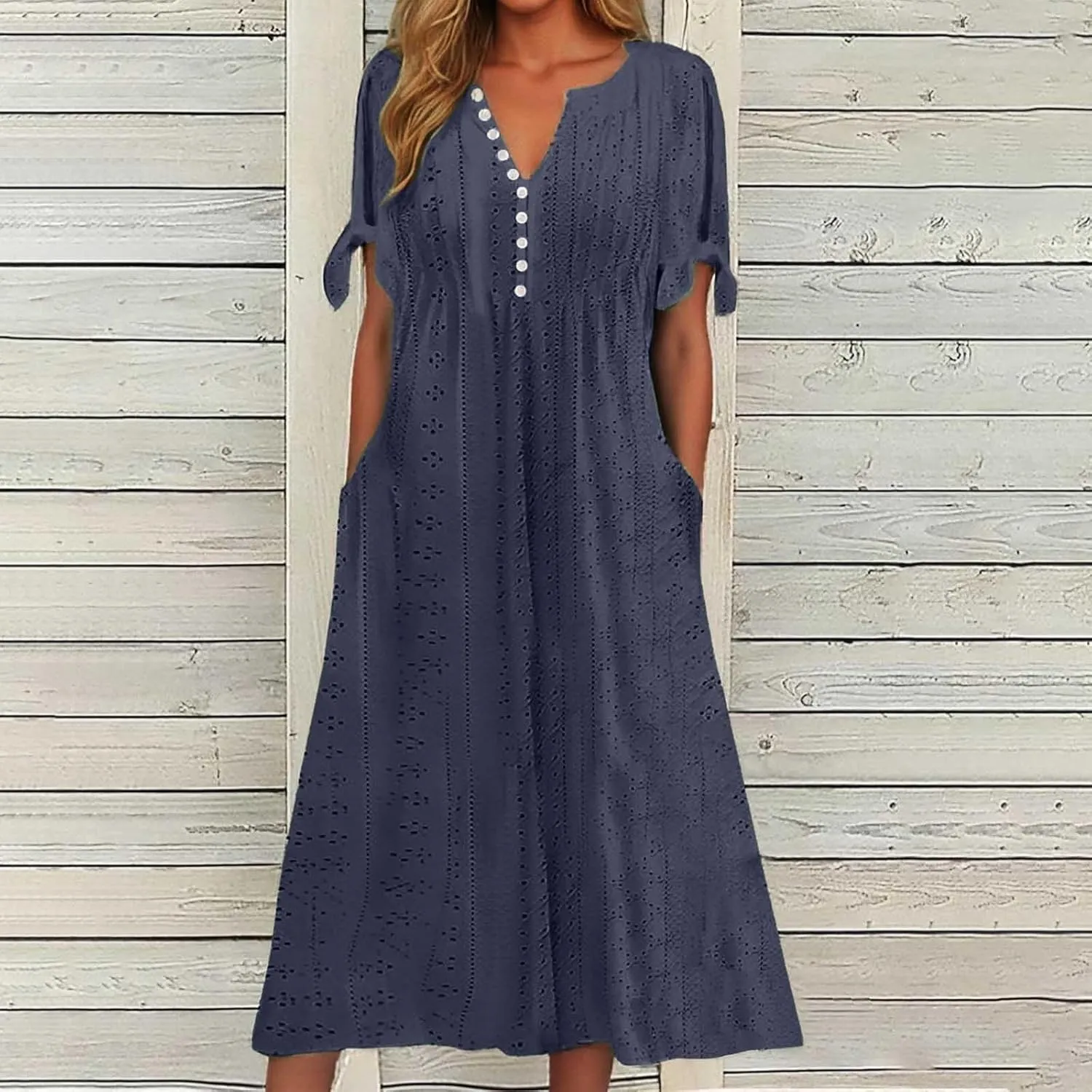 Maxi Long Dresses for Women 2025 Summer Casual V Neck Short Sleeve Eyelet Tshirt Dress Boho A Line Beach Vacation Sundress