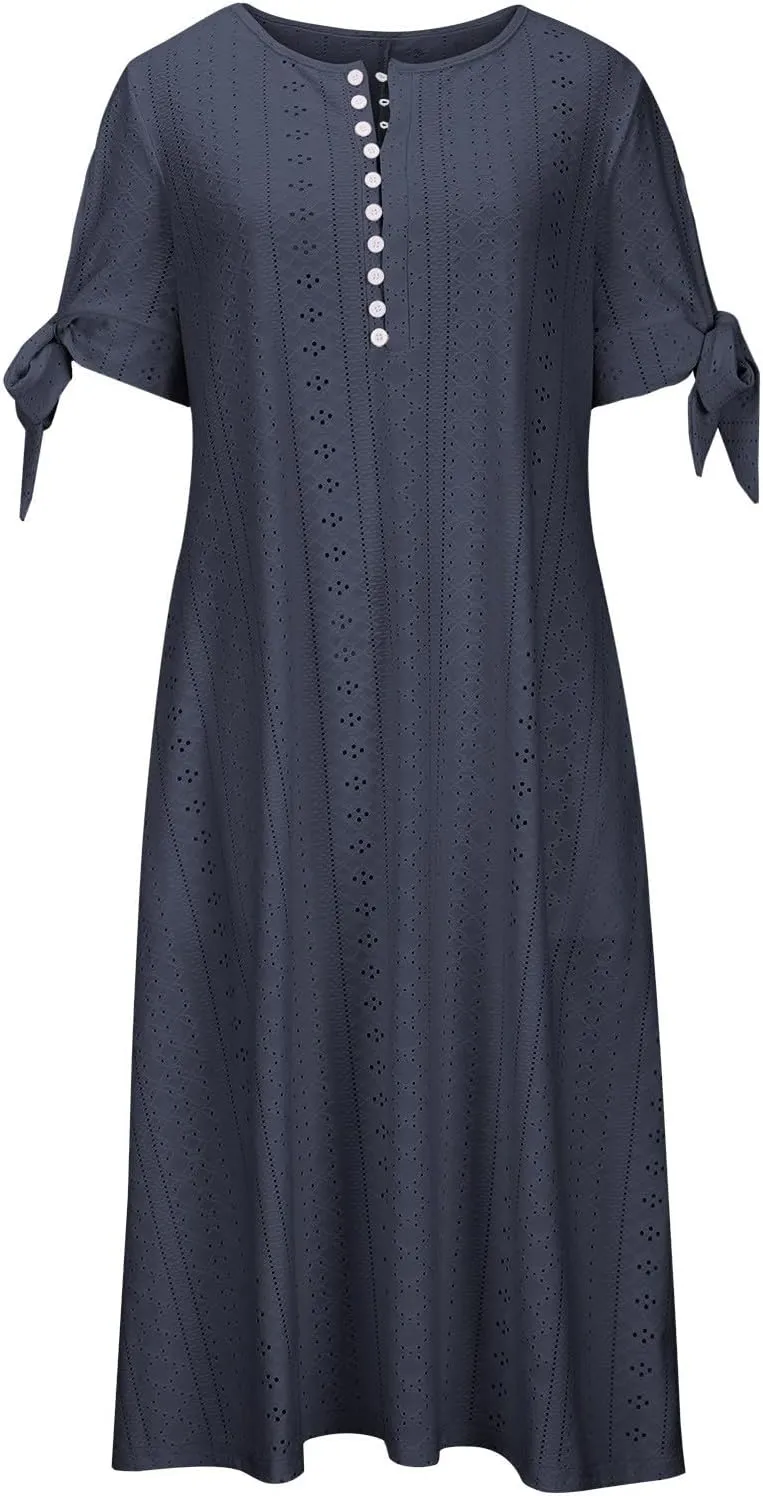 Maxi Long Dresses for Women 2025 Summer Casual V Neck Short Sleeve Eyelet Tshirt Dress Boho A Line Beach Vacation Sundress