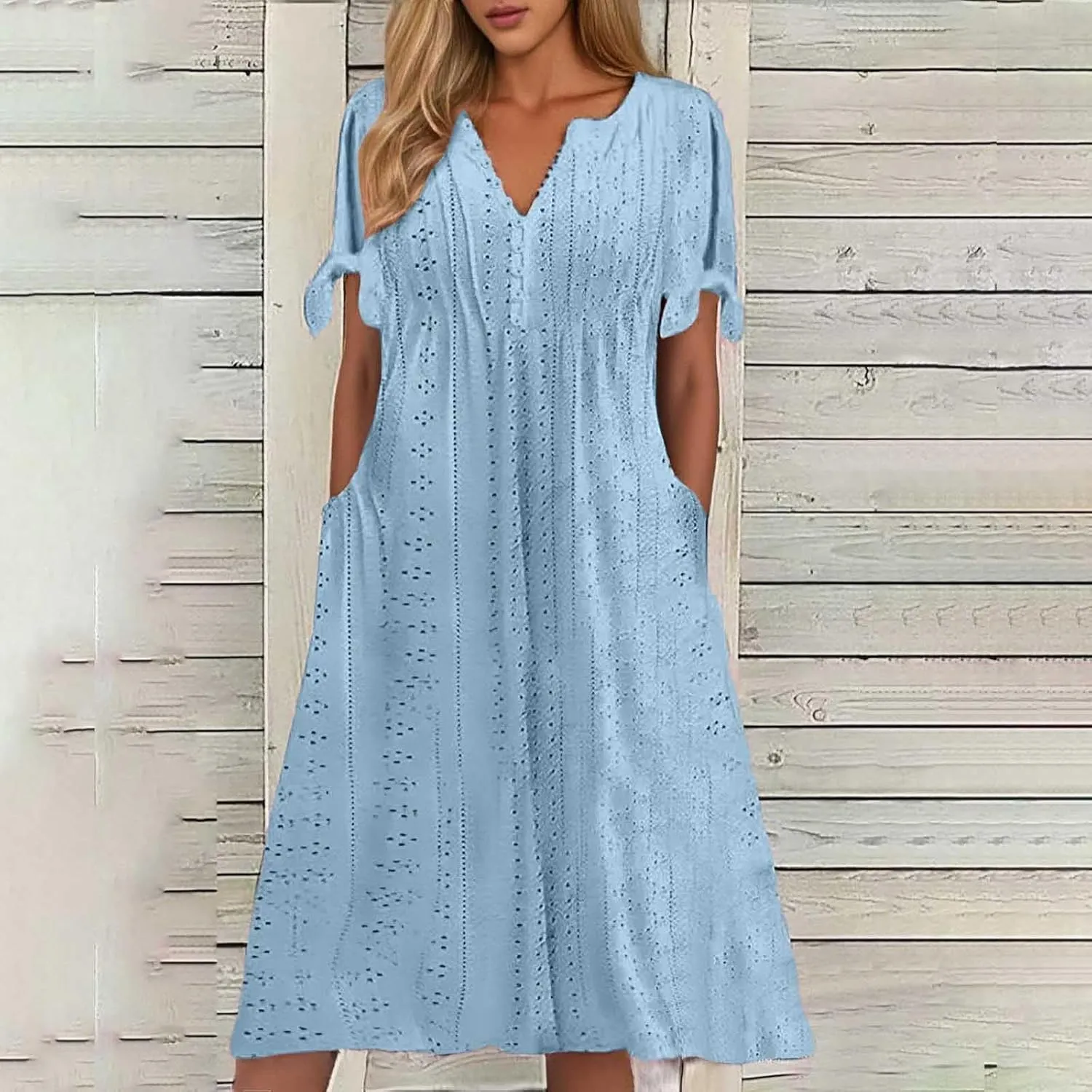 Maxi Long Dresses for Women 2025 Summer Casual V Neck Short Sleeve Eyelet Tshirt Dress Boho A Line Beach Vacation Sundress