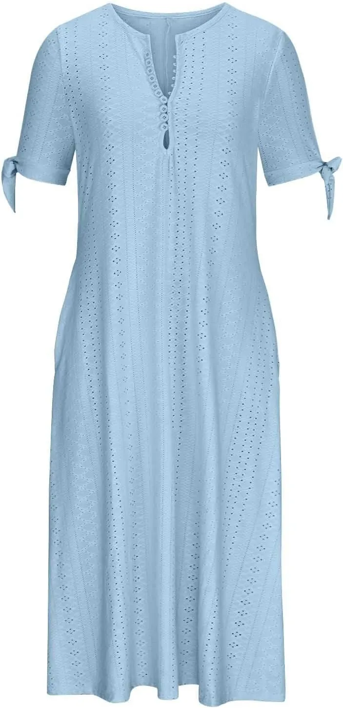 Maxi Long Dresses for Women 2025 Summer Casual V Neck Short Sleeve Eyelet Tshirt Dress Boho A Line Beach Vacation Sundress