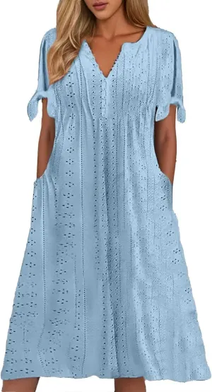 Maxi Long Dresses for Women 2025 Summer Casual V Neck Short Sleeve Eyelet Tshirt Dress Boho A Line Beach Vacation Sundress