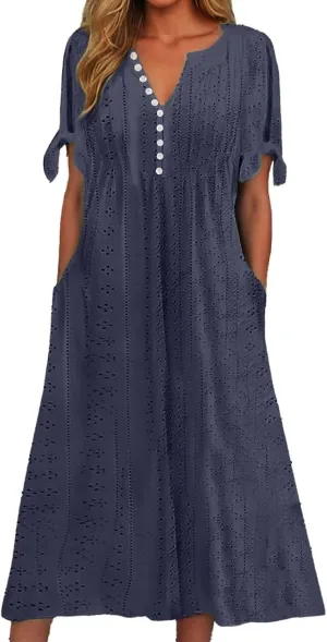 Maxi Long Dresses for Women 2025 Summer Casual V Neck Short Sleeve Eyelet Tshirt Dress Boho A Line Beach Vacation Sundress