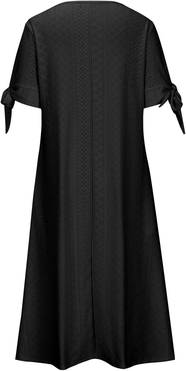 Maxi Long Dresses for Women 2025 Summer Womens Eyelet Dress Short Sleeve Tshirt Dress Casual Vacation Sundress