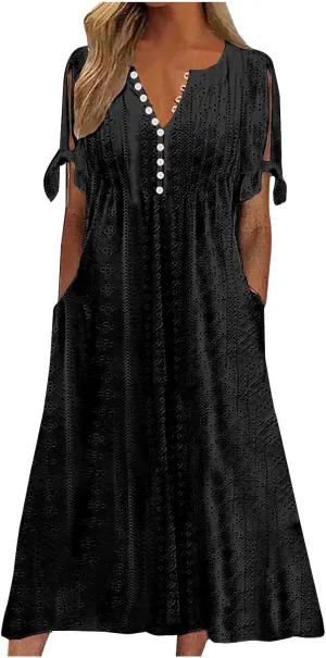 Maxi Long Dresses for Women 2025 Summer Womens Eyelet Dress Short Sleeve Tshirt Dress Casual Vacation Sundress