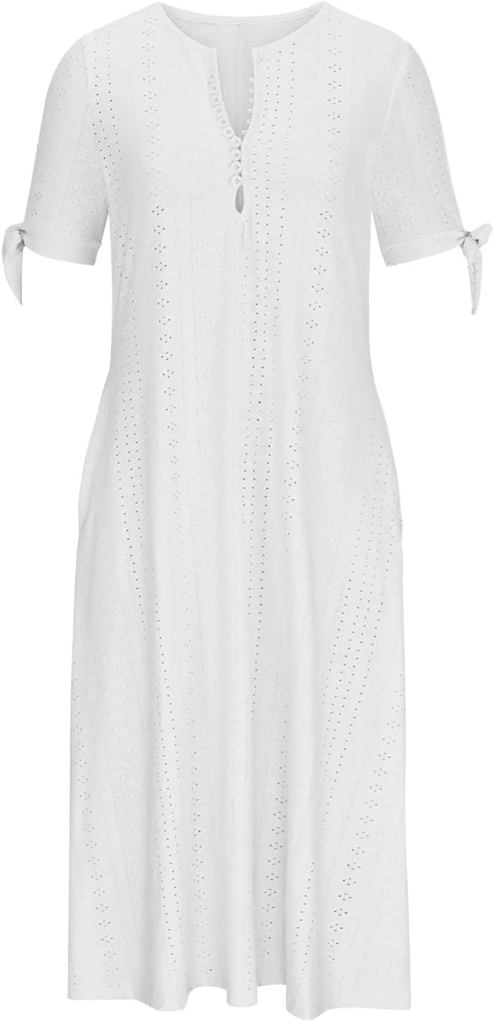 Maxi Long Dresses for Women 2025 Summer Womens Eyelet Dress Short Sleeve Tshirt Dress Casual Vacation Sundress