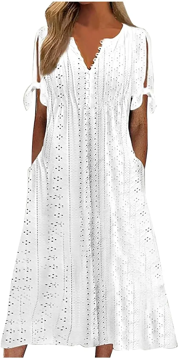 Maxi Long Dresses for Women 2025 Summer Womens Eyelet Dress Short Sleeve Tshirt Dress Casual Vacation Sundress