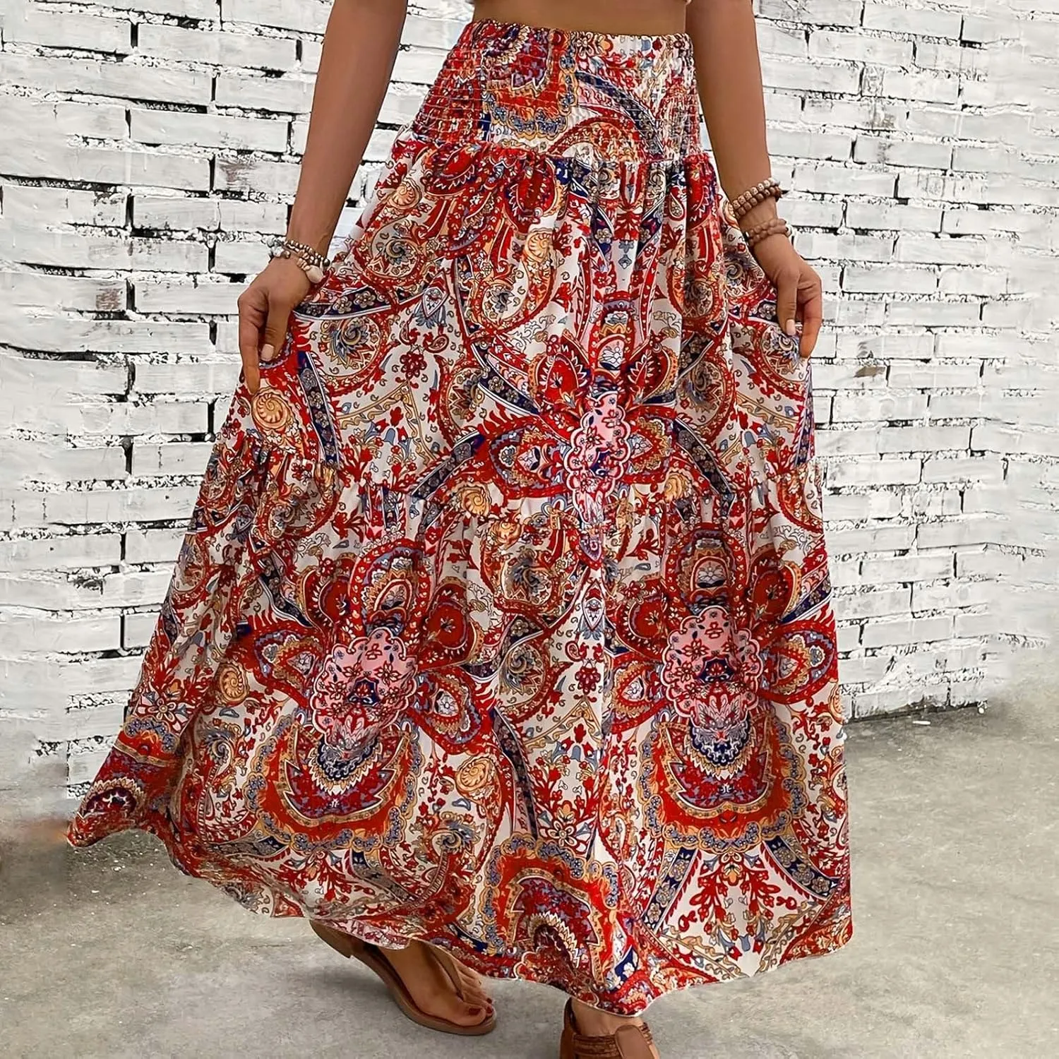 Maxi Skirts Casual for Women Floral Print Summer Casual High Waisted Elegant Slim Boho with Pockets Flowy Long