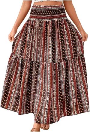 Maxi Skirts Casual for Women Floral Print Summer Casual High Waisted Elegant Slim Boho with Pockets Flowy Long