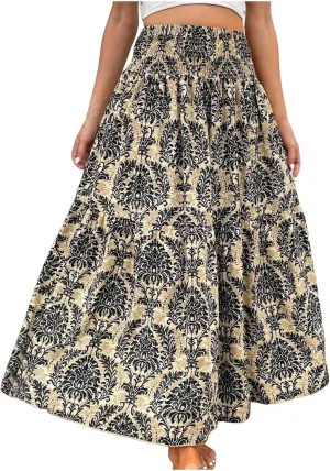 Maxi Skirts Casual for Women Floral Print Summer Casual High Waisted Elegant Slim Boho with Pockets Flowy Long