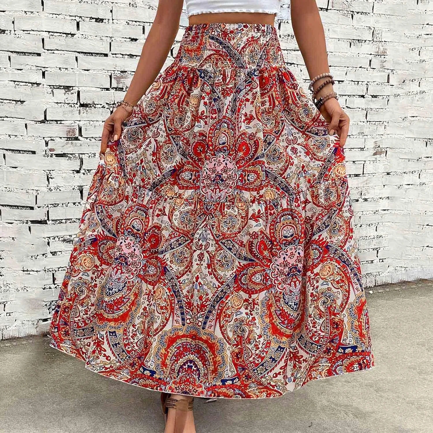 Maxi Skirts Casual for Women Floral Print Summer Casual High Waisted Elegant Slim Boho with Pockets Flowy Long