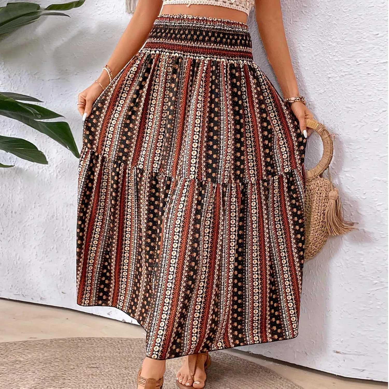 Maxi Skirts Casual for Women Floral Print Summer Casual High Waisted Elegant Slim Boho with Pockets Flowy Long
