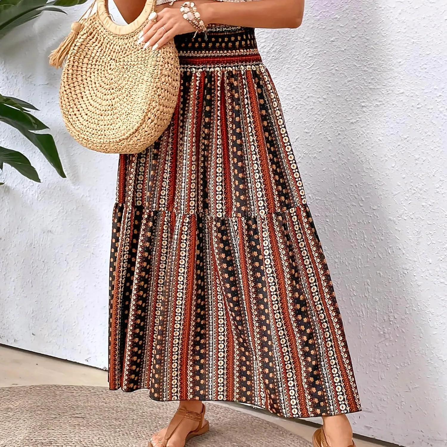 Maxi Skirts Casual for Women Floral Print Summer Casual High Waisted Elegant Slim Boho with Pockets Flowy Long