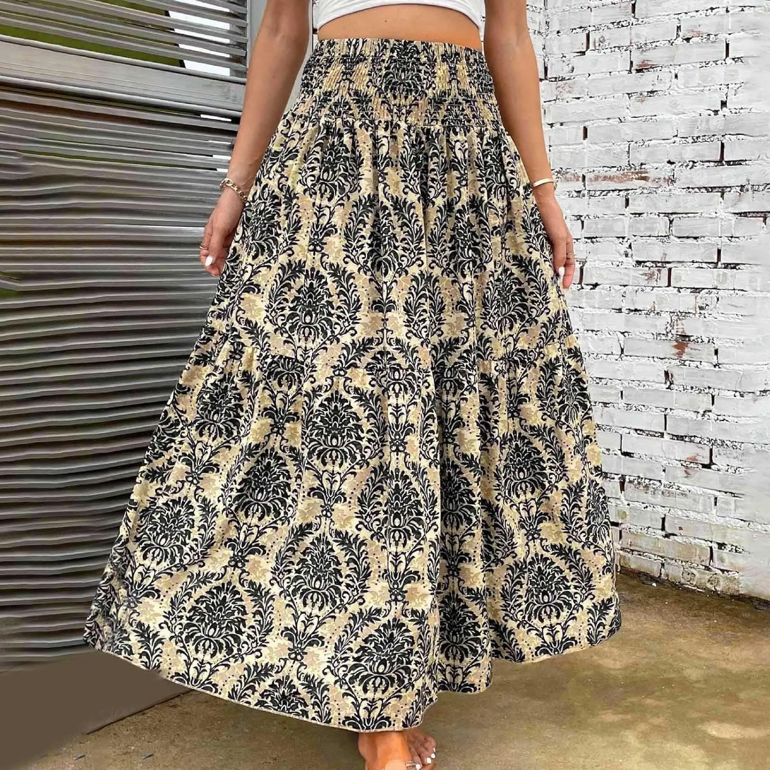 Maxi Skirts Casual for Women Floral Print Summer Casual High Waisted Elegant Slim Boho with Pockets Flowy Long