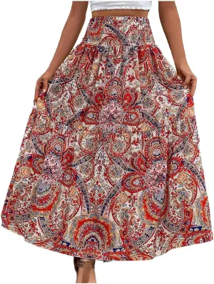 Maxi Skirts Casual for Women Floral Print Summer Casual High Waisted Elegant Slim Boho with Pockets Flowy Long