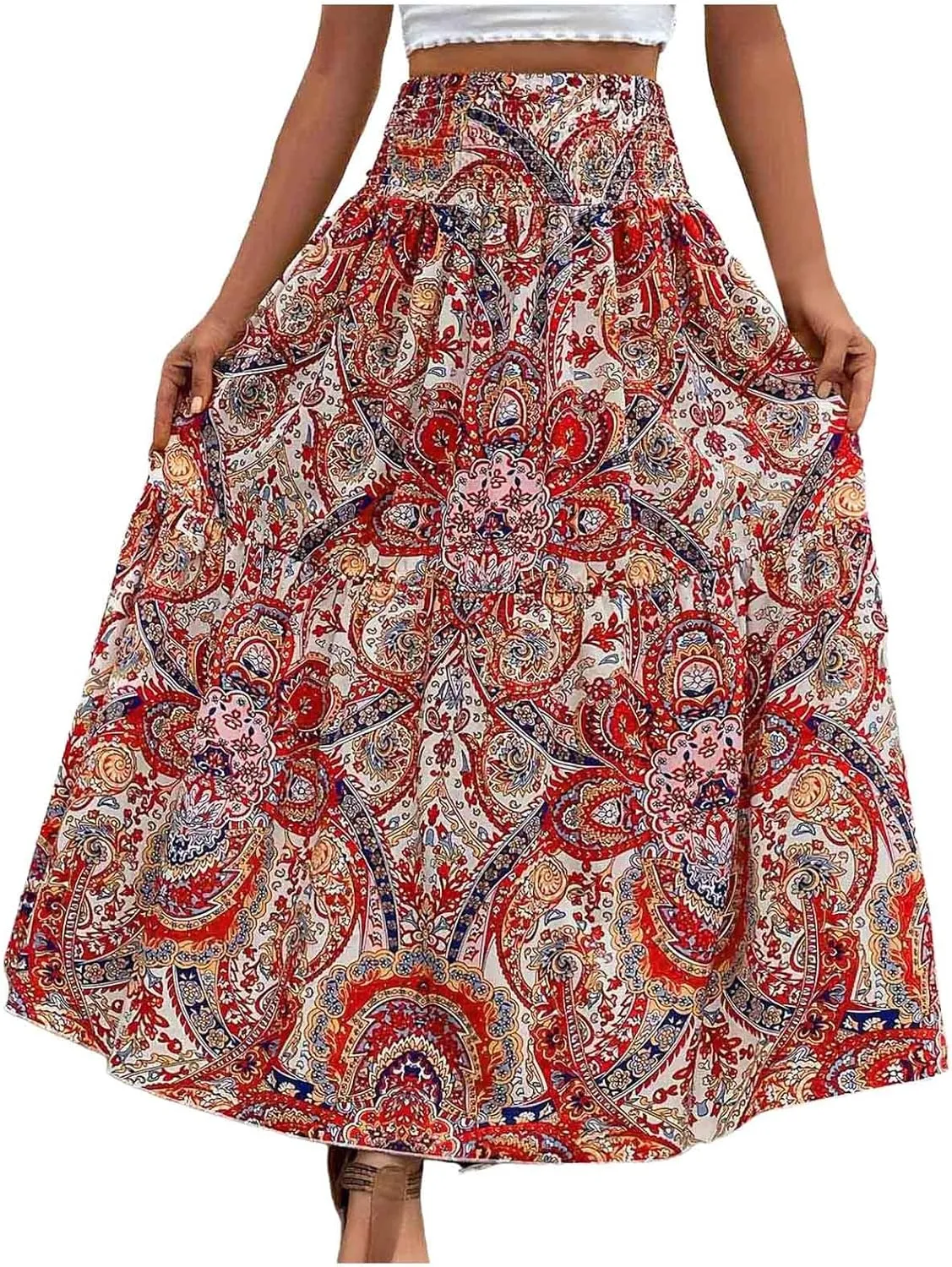 Maxi Skirts Casual for Women Floral Print Summer Casual High Waisted Elegant Slim Boho with Pockets Flowy Long