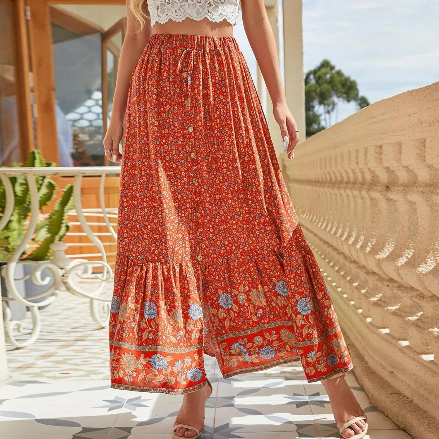 Maxi Skirts Casual for Women Summer Casual Elegant High Waisted Flowy Long Skirts Boho 2025 Elastic Waist Button