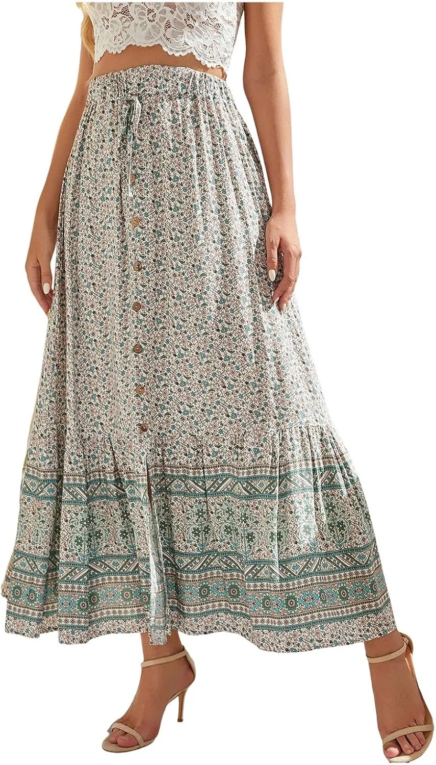 Maxi Skirts Casual for Women Summer Casual Elegant High Waisted Flowy Long Skirts Boho 2025 Elastic Waist Button