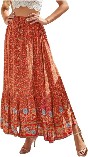 Maxi Skirts Casual for Women Summer Casual Elegant High Waisted Flowy Long Skirts Boho 2025 Elastic Waist Button