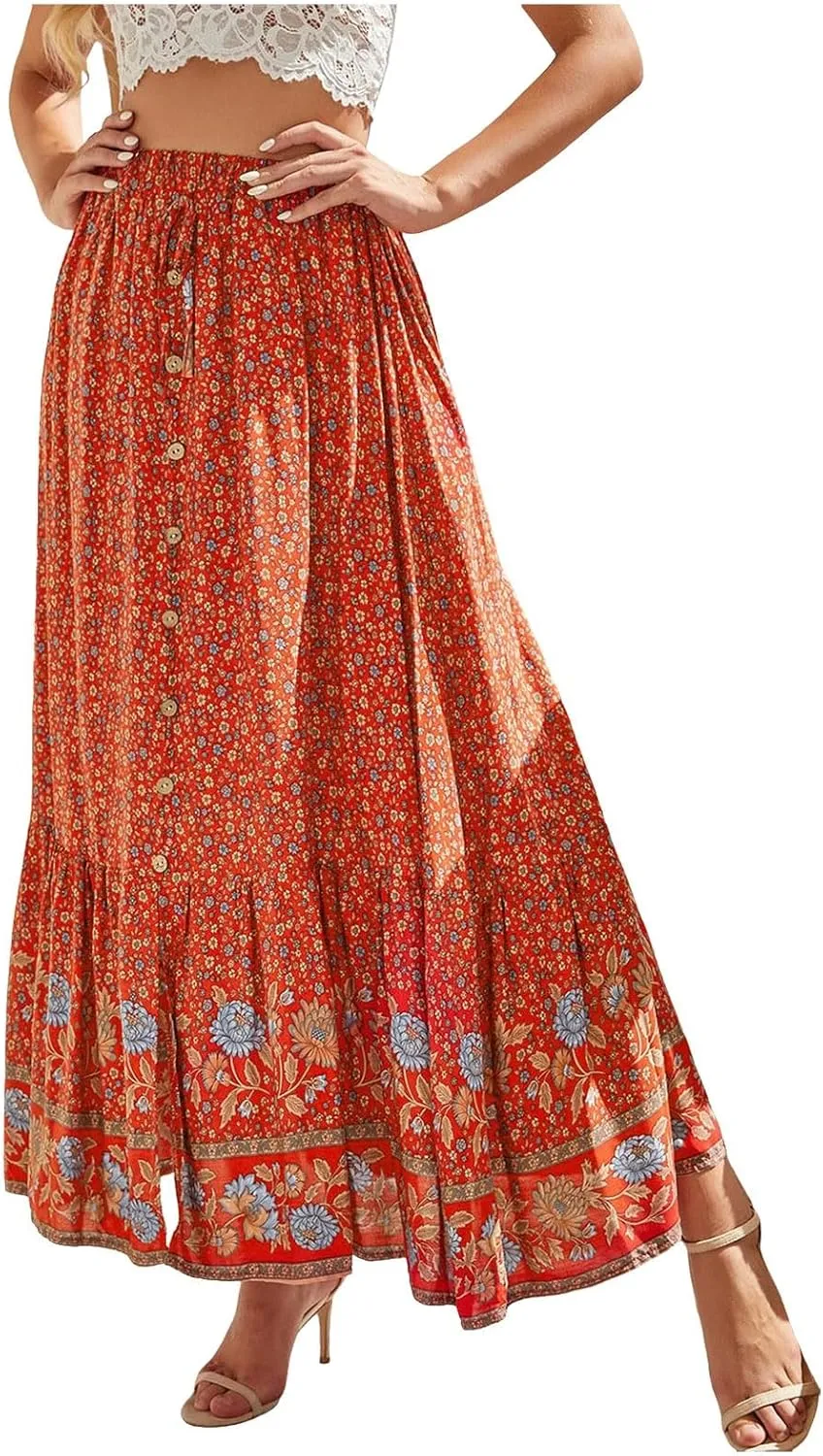 Maxi Skirts Casual for Women Summer Casual Elegant High Waisted Flowy Long Skirts Boho 2025 Elastic Waist Button