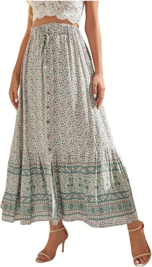 Maxi Skirts Casual for Women Summer Casual Elegant High Waisted Flowy Long Skirts Boho 2025 Elastic Waist Button
