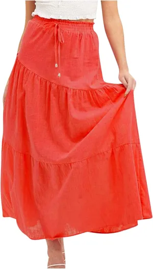 Maxi Skirts for Women Ruffle Long Summer Skirt Elegant High Waist Flared A-Line Skirts Elastic Waisted Causal Skirt