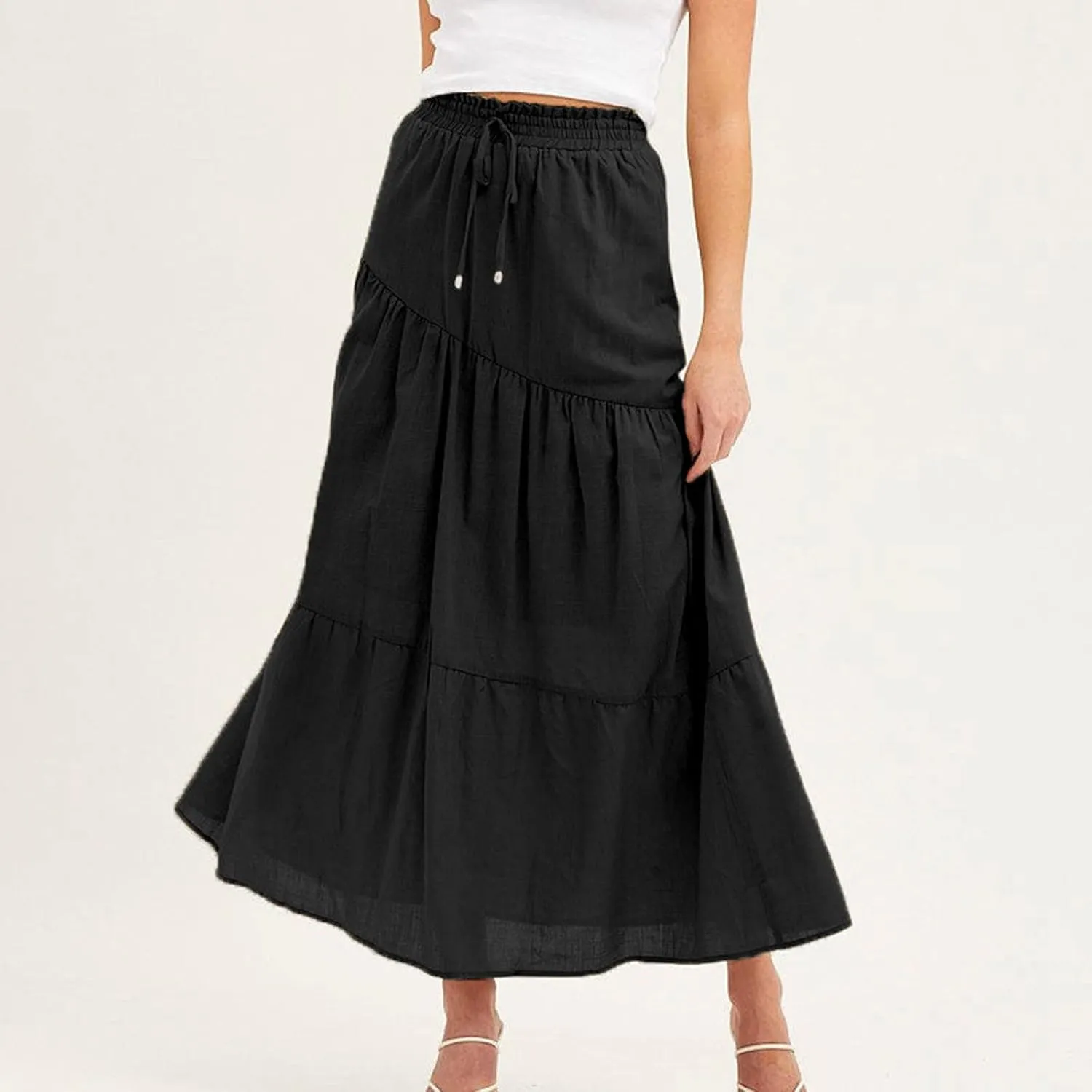 Maxi Skirts for Women Ruffle Long Summer Skirt Elegant High Waist Flared A-Line Skirts Elastic Waisted Causal Skirt