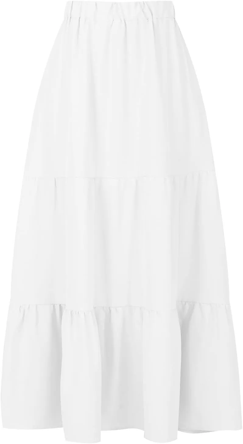 Maxi Skirts for Women Stretch Flowy Tiered Pleated Skirt Elastic Waist Summer Bohemian Ruched Skirts with Pockets