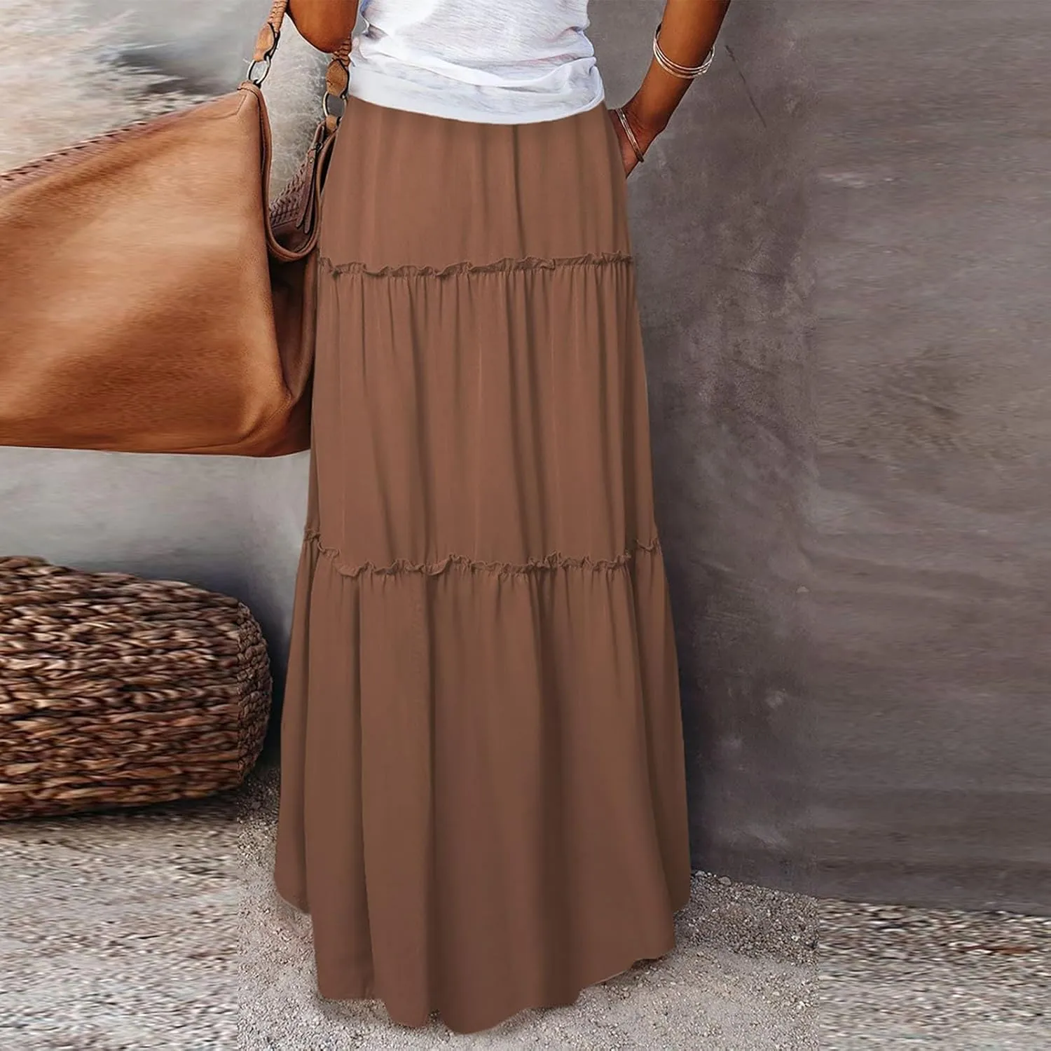 Maxi Skirts for Women Summer Boho Pleated Elastic High Waisted Skirts A-Line Flowy Swing Maxi Skirt with Pockets
