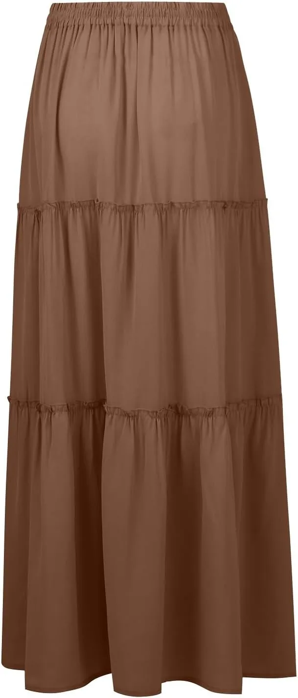 Maxi Skirts for Women Summer Boho Pleated Elastic High Waisted Skirts A-Line Flowy Swing Maxi Skirt with Pockets