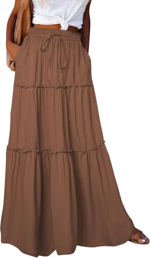 Maxi Skirts for Women Summer Boho Pleated Elastic High Waisted Skirts A-Line Flowy Swing Maxi Skirt with Pockets