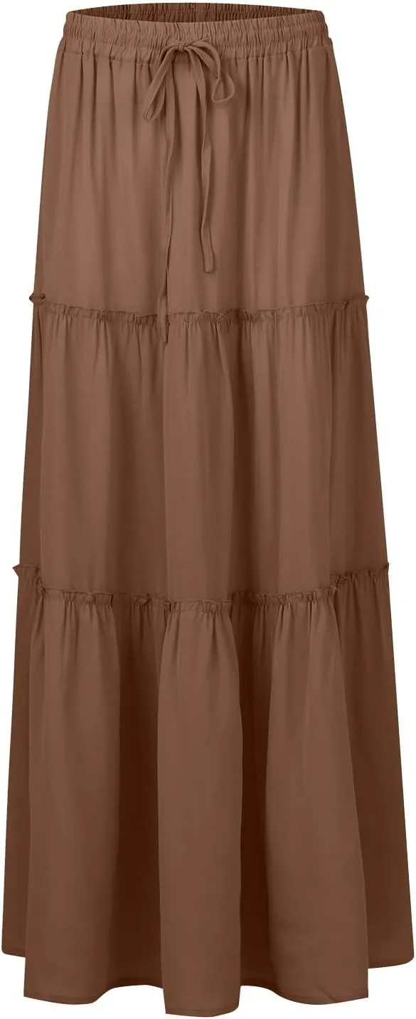 Maxi Skirts for Women Summer Boho Pleated Elastic High Waisted Skirts A-Line Flowy Swing Maxi Skirt with Pockets
