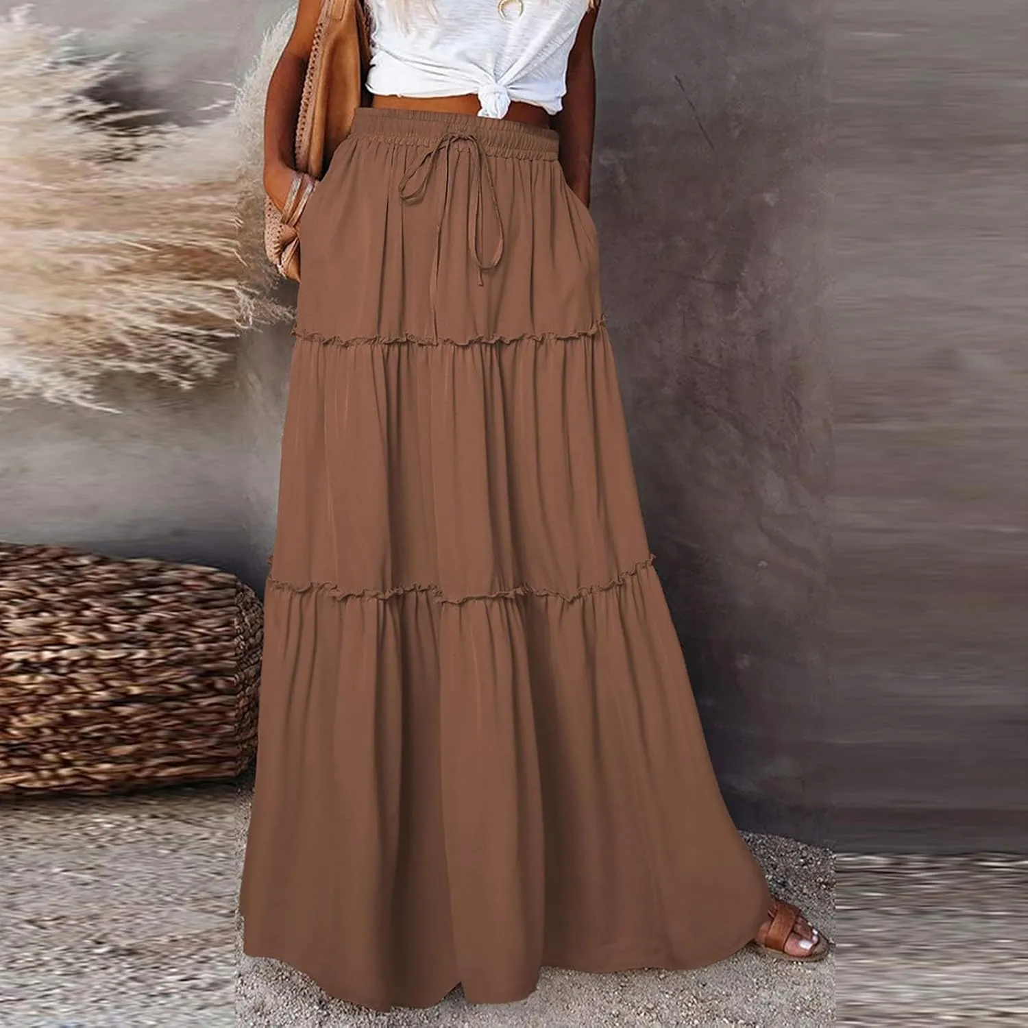 Maxi Skirts for Women Summer Boho Pleated Elastic High Waisted Skirts A-Line Flowy Swing Maxi Skirt with Pockets