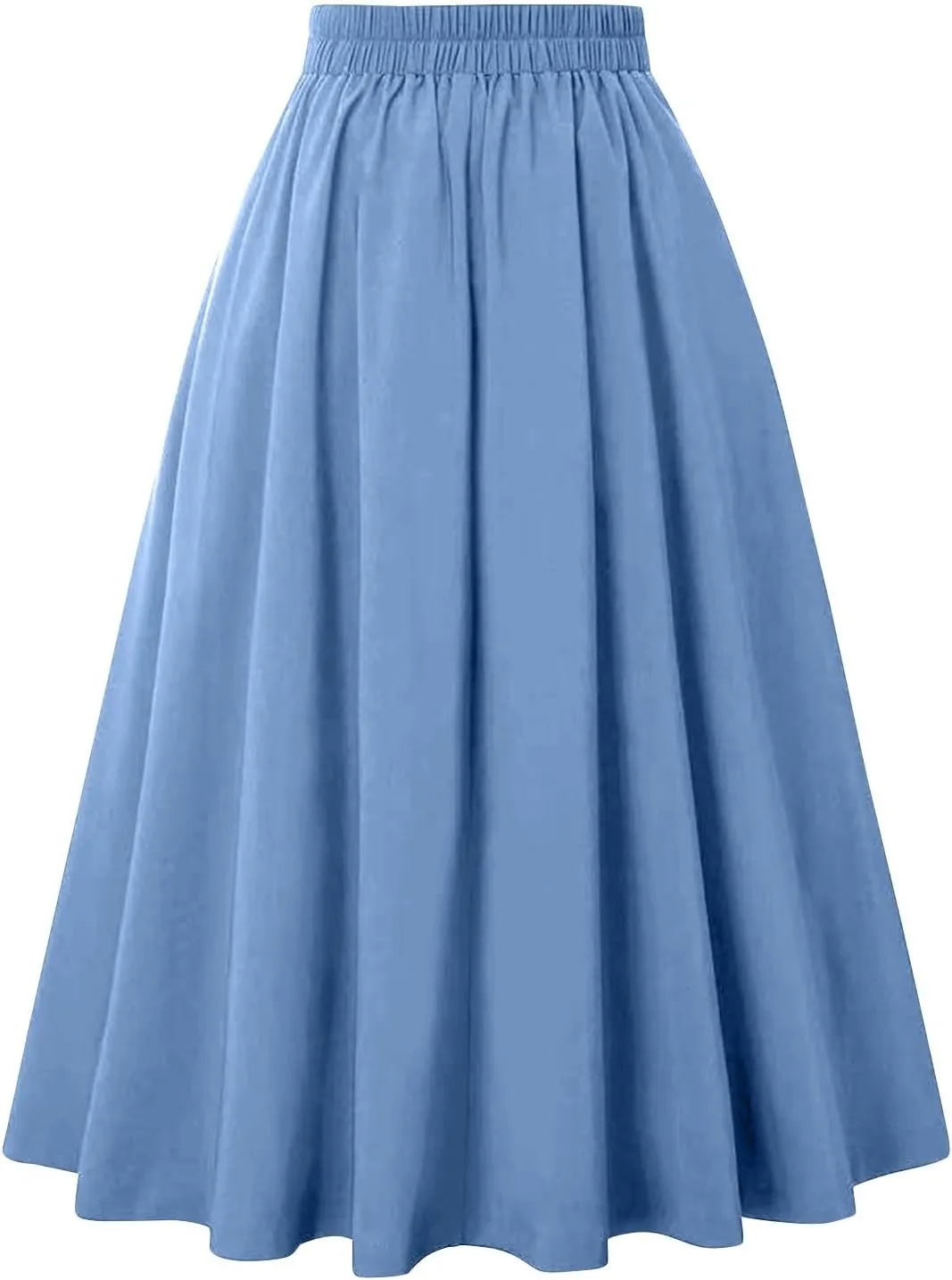 Maxi Solid Skirt for Women High Waisted A-Line Pleated Skirts Elastic Knee Length Casual Flowy Swing Flared Skirt